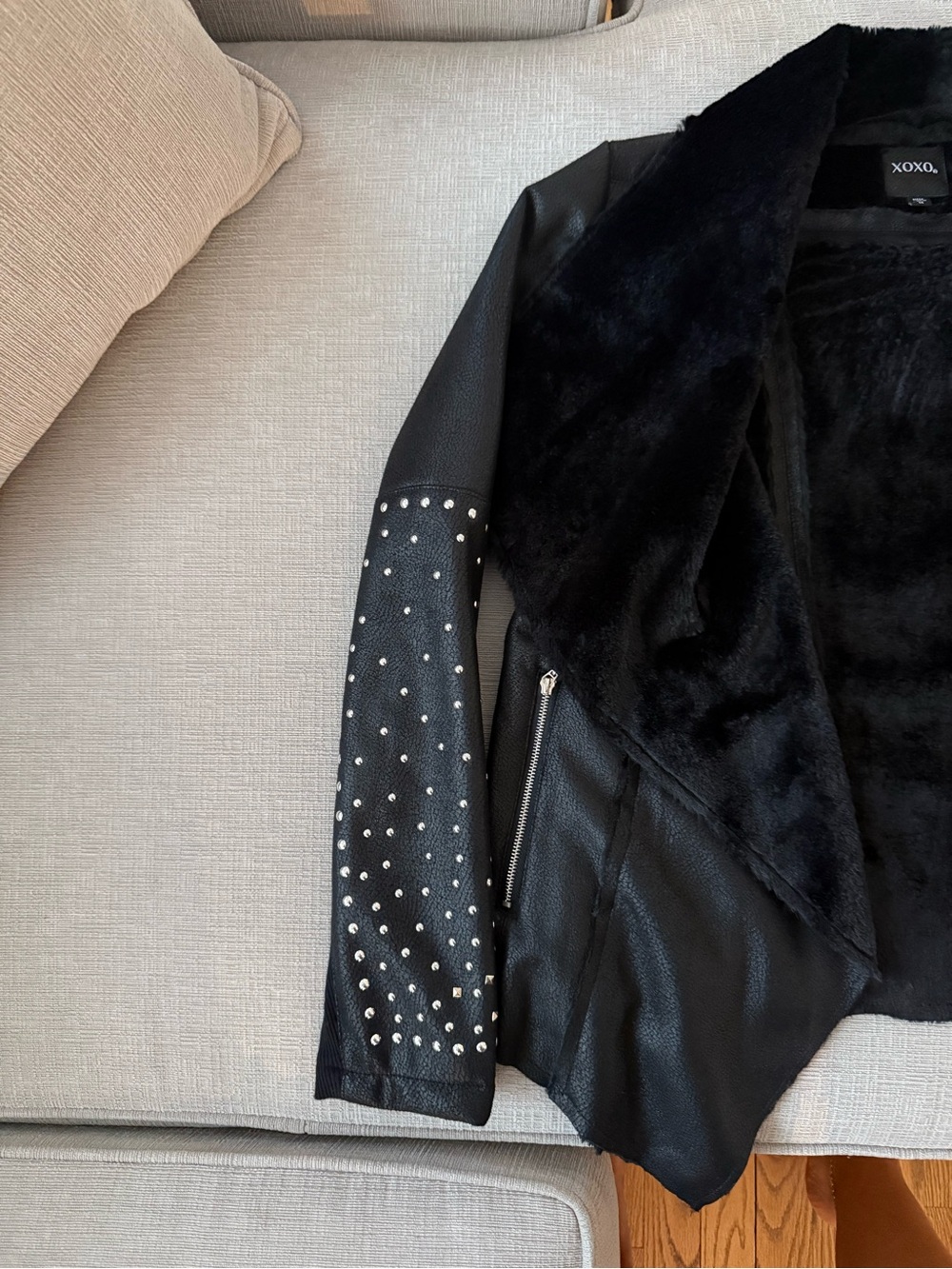 Black Faux Fur-Lined Studded Leather Jacket - Picture 4 of 4